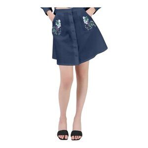Fanm Mon Brodere Linen Mini Skirt Small Indigo Blue Floral Embroidery Pockets